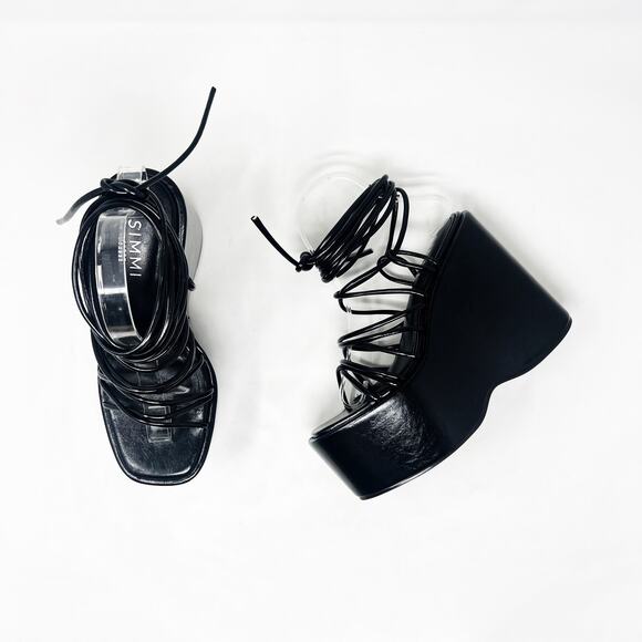 [Dolls Kill] SIMMI London Black Faux Leather Nolia Lace Up Platform Wedges Sz 6 - Picture 6 of 10